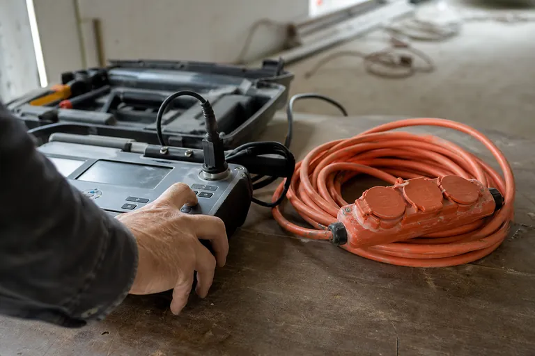 Hand kontrolliert Messwerte am Prüfgerät neben einem gekennzeichneten Verlängerungskabel