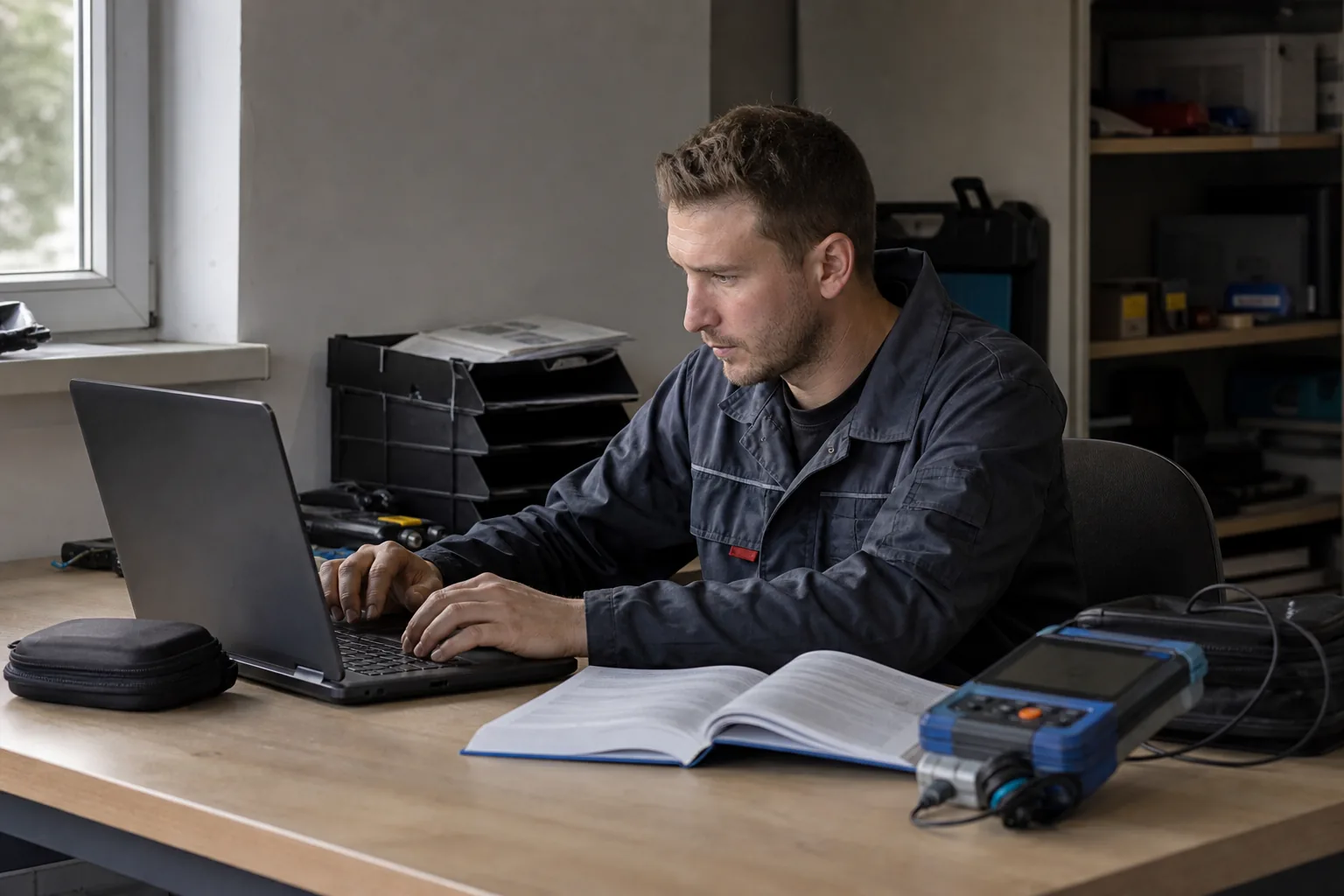 Elektrofachkraft aktualisiert eine digitale Prüfvorlage neben Prüfgerät und Handbuch