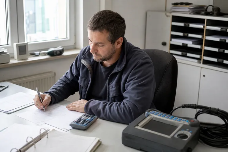 Elektromeister kalkuliert einen Prüfauftrag mit Geräteliste und Prüfgerät