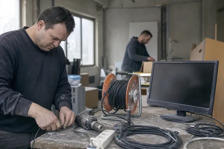 Ortsveränderliche elektrische Geräte auf einer Werkbank vor der Prüfung