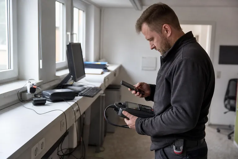 Elektrofachkraft bei der Prüfung von Bürogeräten mit Prüfgerät und Smartphone