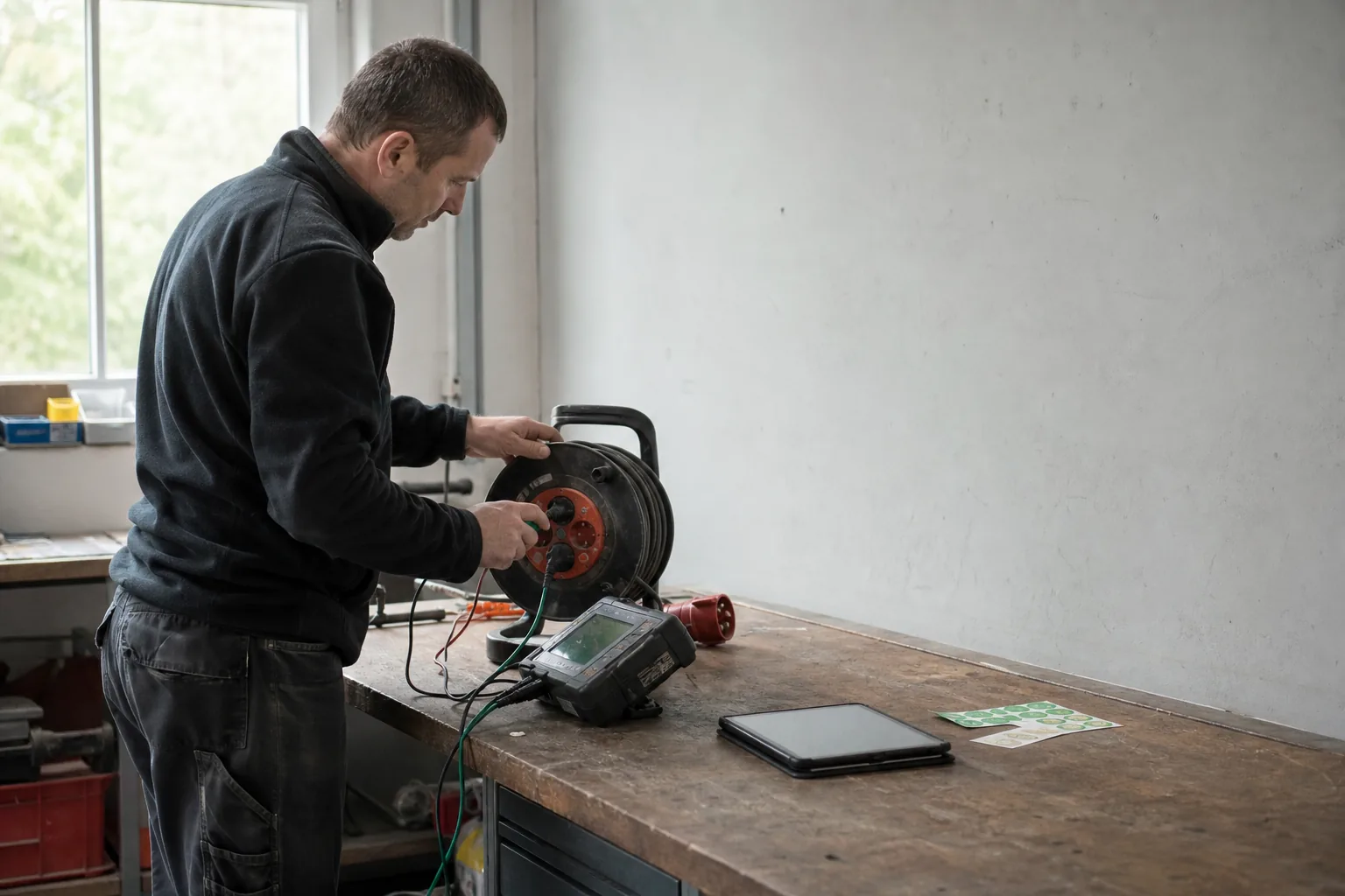 Elektriker prüft eine Kabeltrommel mit einem Messgerät