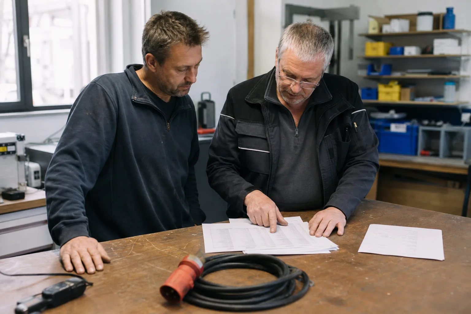 Elektriker und Gewerbekunde sehen eine Liste geprüfter Geräte durch